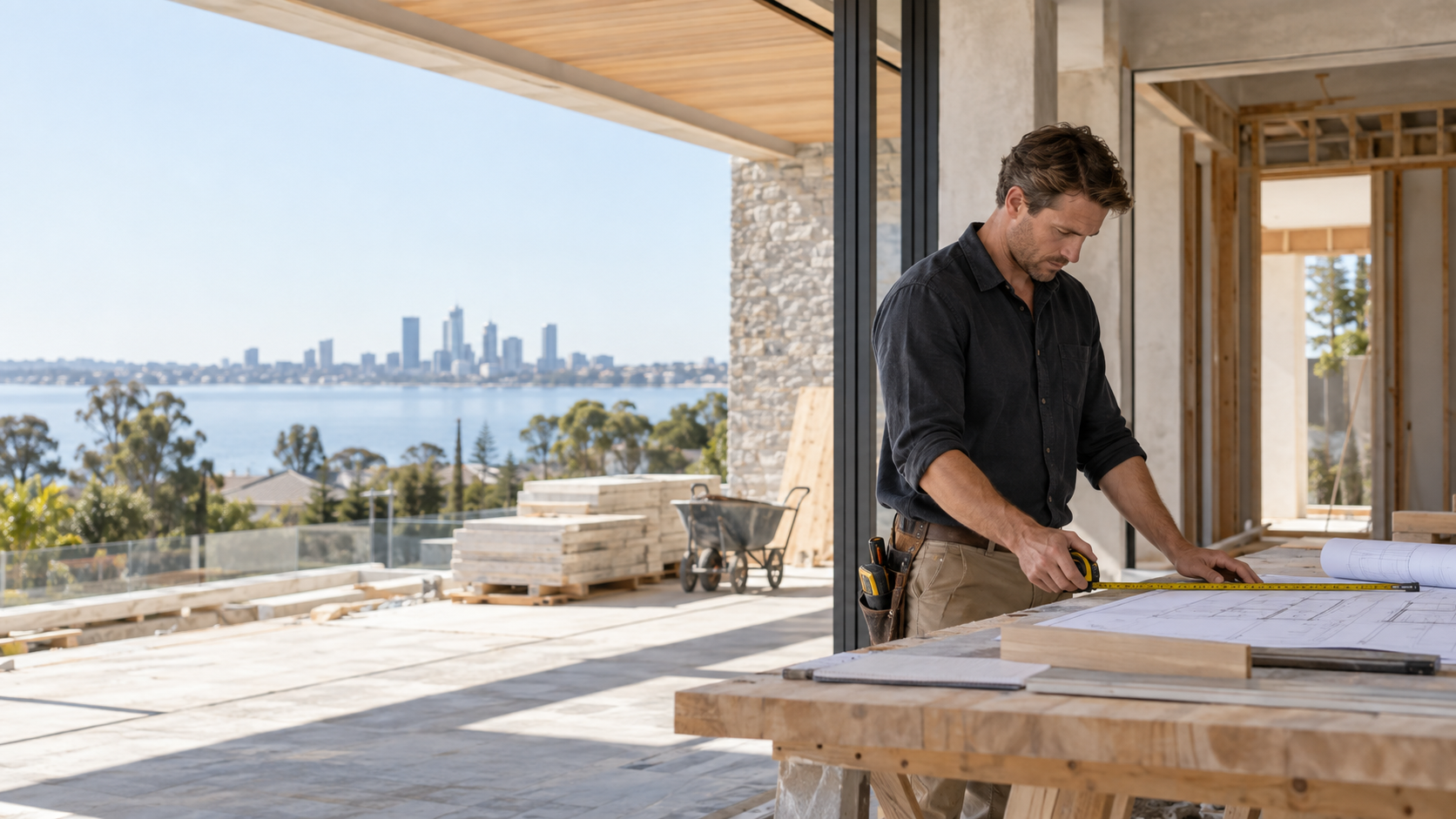 Builder measuring up on site with the Perth skyline behind